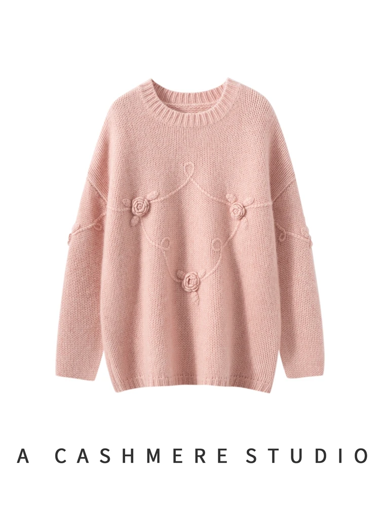 TLOML 여성 100% 캐시미어 스웨터 가을 겨울 오-넥 자수 두꺼운 루즈 풀오버 고품질 캐시미어 니트웨어 세련된 탑