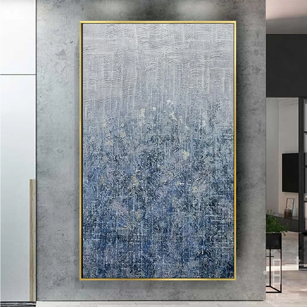 

Hand Painted Art Oil Paintings On Canvas Blue Abstract Panel Artwork Palette Knife Texture Hang Painting Decor Home Wall Trim
