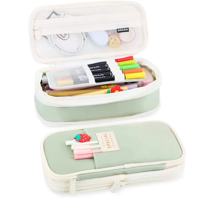 Kawaii Pencil Case Macaron Color Canvas Stretch Double Layer Large Capacity Pencil Box Cute Pencilcase Kids School Stationery