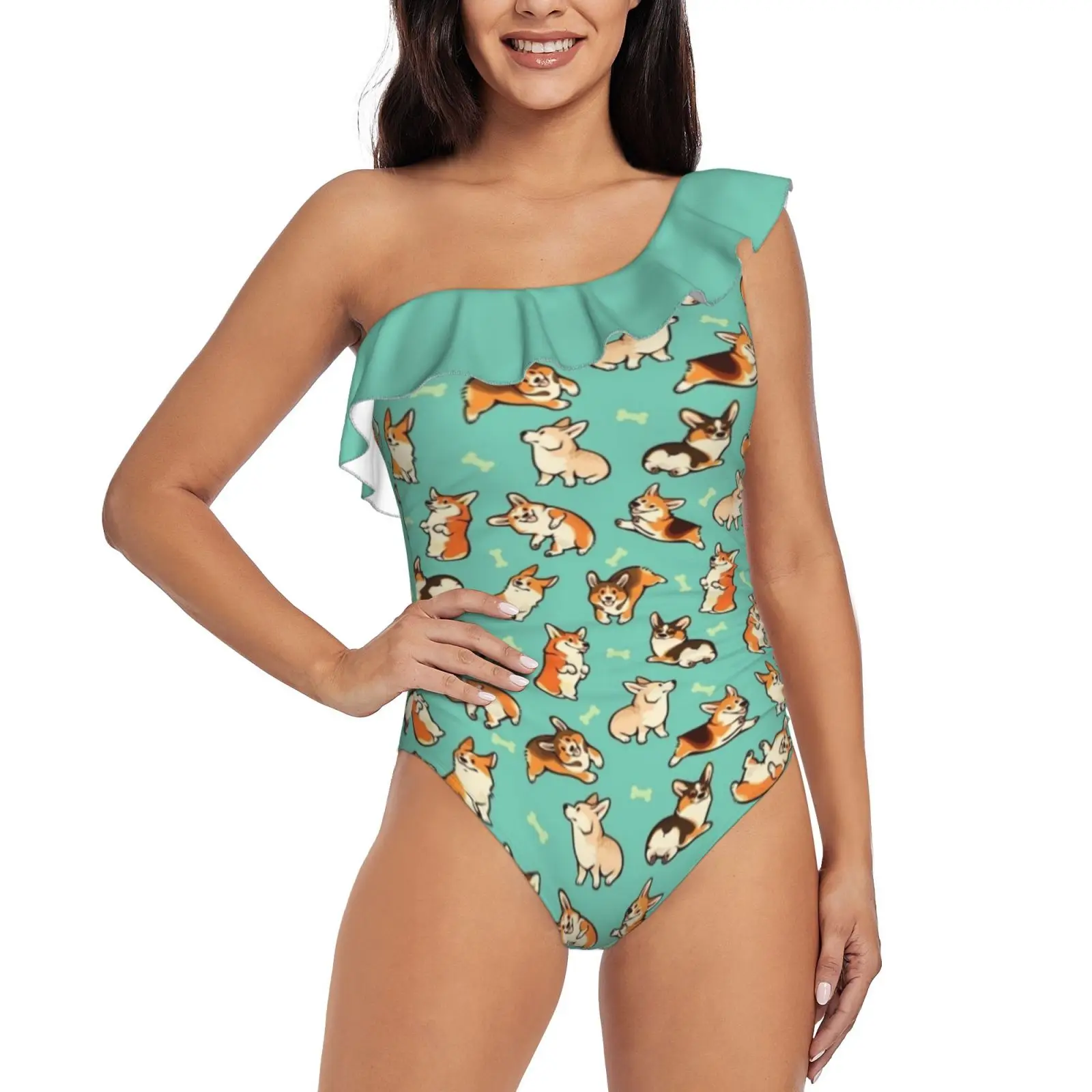 

Jolly Corgis In Green One Piece Swimsuit Women Ruffle Monokini Shoulder Swimsuit Bathing Suit Swim Wear Corgi Pembroke Welsh