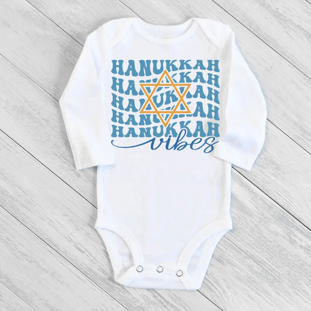 Happy Hanukkah Rainbow Printed Baby Bodysuit Chanukah Newborn Outfit Jewish Holiday Infant Clothes Toddler Long Sleeve Romper