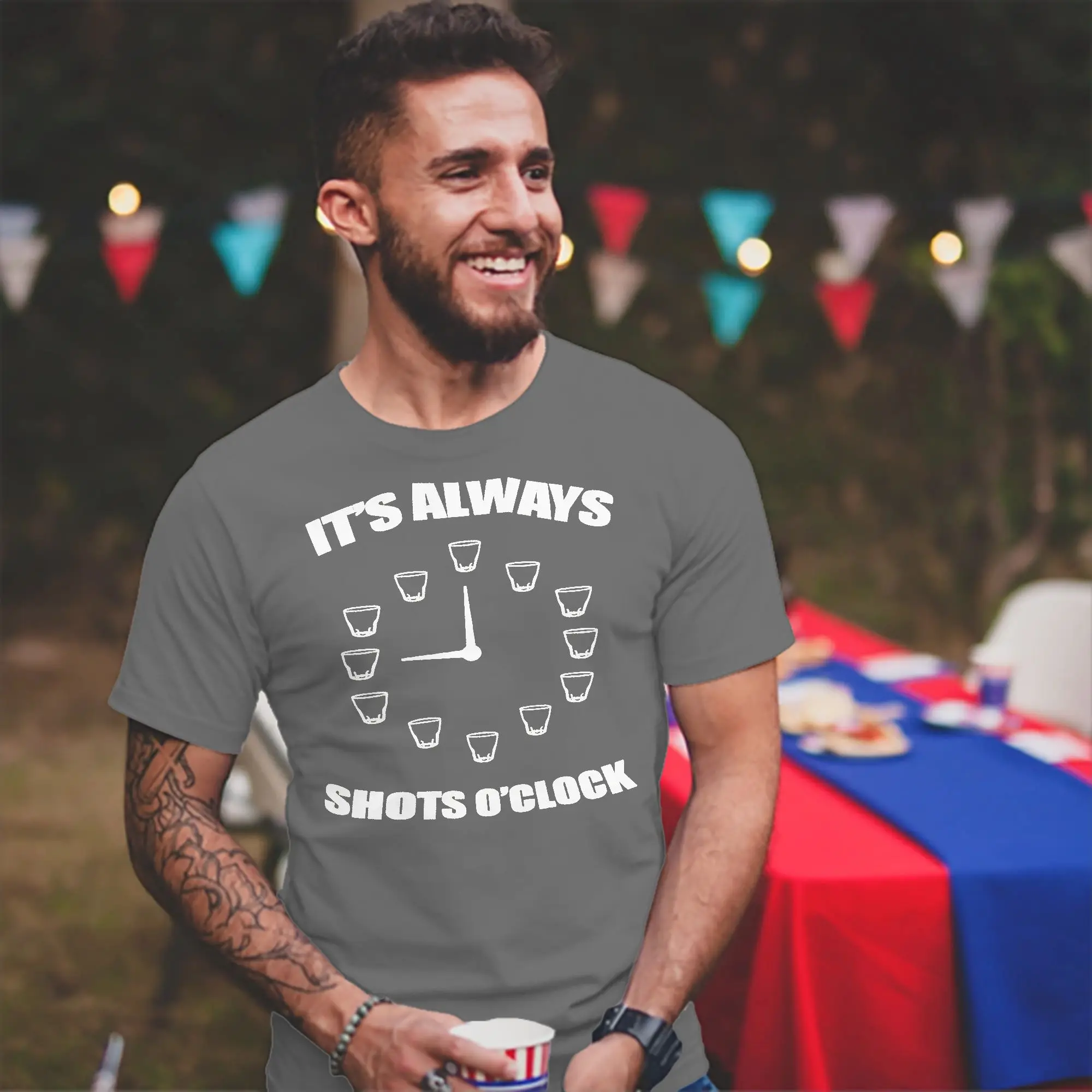 Casual It's Always Shots O'clock T Shirt Men's Cotton Short Sleeve  Crewneck Summer Clothes