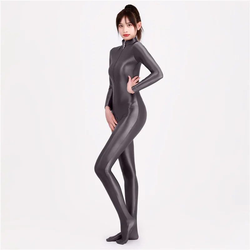 New sexy women glossy oily tights Open Crotch white bodysuit High elasticity Shiny Silky Jumpsuits See Through swimsuit