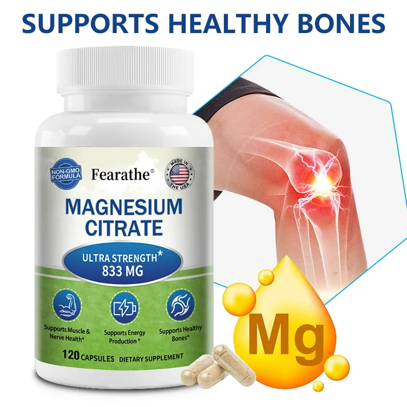 Magnesium Citrate 833 Mg Supplement - 120 Veggie Capsules - Supports Muscle, Heart and Bone Function, Energy