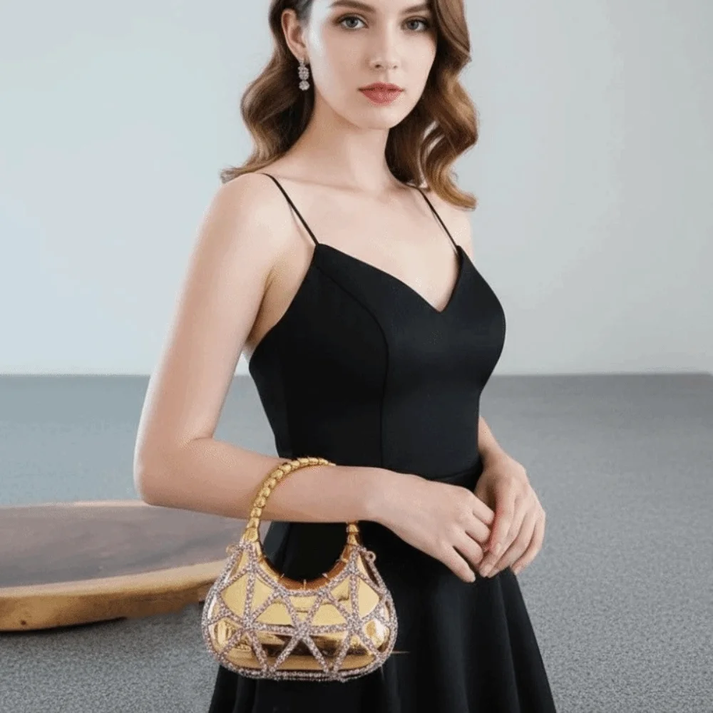 Crystal Embellished Crescent Evening Clutch High-shine Finish Geometric Pattern Rhinestone Box Purse Reflective Texture