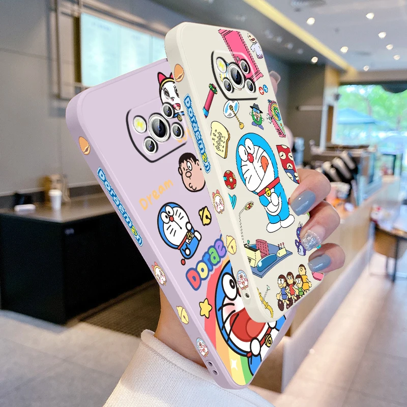 D-Dorae M-mon Cute Cartoon Liquid Left Rope For Xiaomi Mi Poco X6 X5 X4 X3 M6 M5 M5S M4 M3 F5 F4 F3 Pro 5G Soft Phone Case