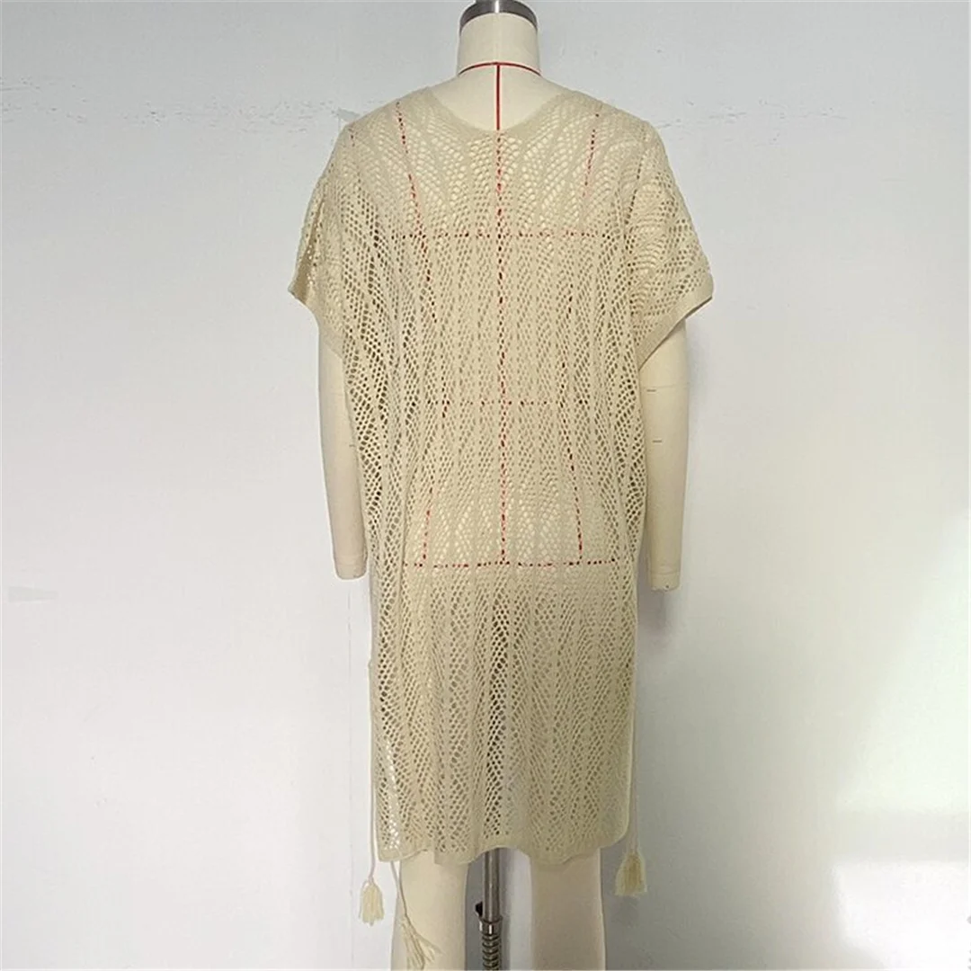 Neues, kurzärmeliges, einfarbiges, gehäkeltes Strick-Tunika-Strandkleid mit V-Ausschnitt, Strandkleid, Strandmode, Damenmode, K8580 – Detail 11