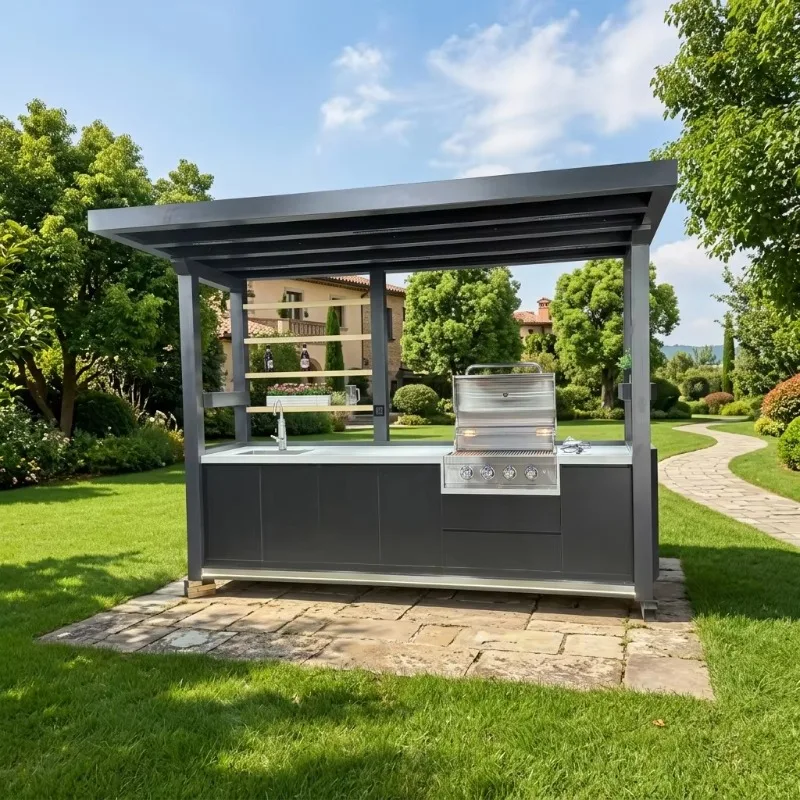 Modern stainless steel outdoor kitchen cabinet, black finish, wall-mounted, with three-drawer sink,suitable for hotel family use