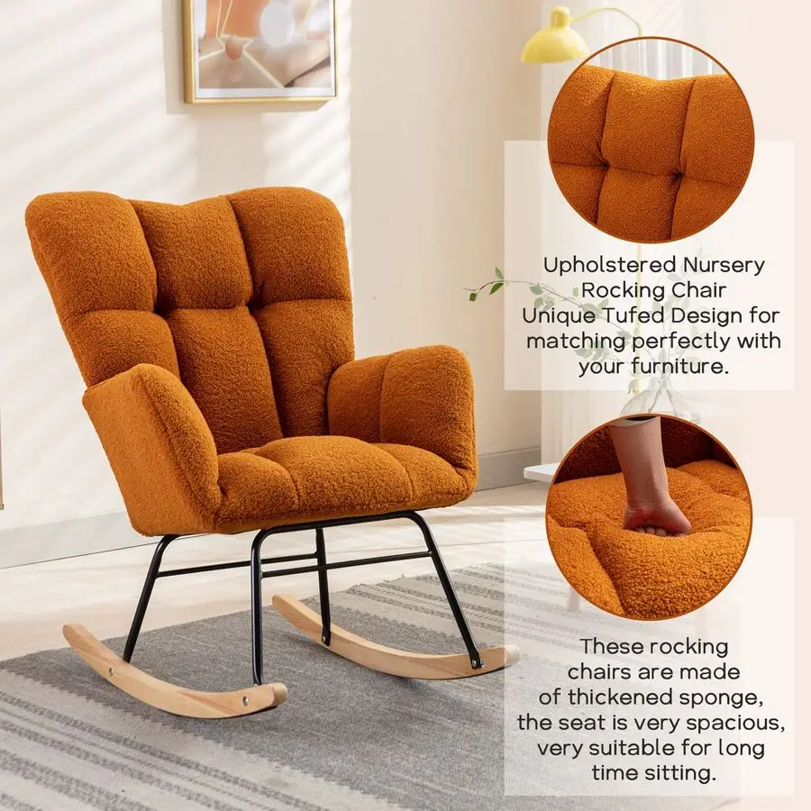 Nursery Rocking Chair, Upholstered Glider Chair with High Backrest, Rocker Accent Armchair with Solid Wood Legs for Nursery Bedr