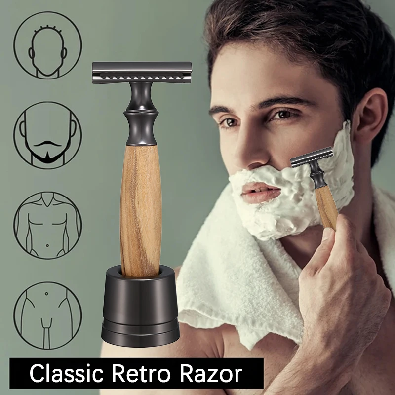 Классическая мужская ретро-бритва, мягкая бритва для удаления волос с двойной кромкой из алюминиевого сплава, бритва с 10 сменными лезвиями, бритва для бороды