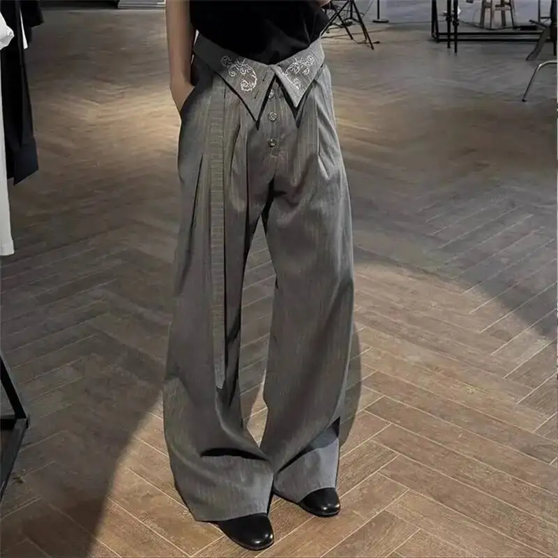 Vintage Men's Embroidery Wide Leg Pants Notch Lapel Pleated Casual High Street Premium Formal Trousers 9XUKXD