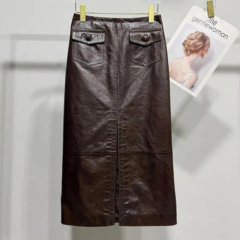 Coffee/Purple Skirts Trend 2025 Women Imported Oil Wax Sheepskin Casual Straight Front Split  Real Leather Midi Skirt Jupe Femme