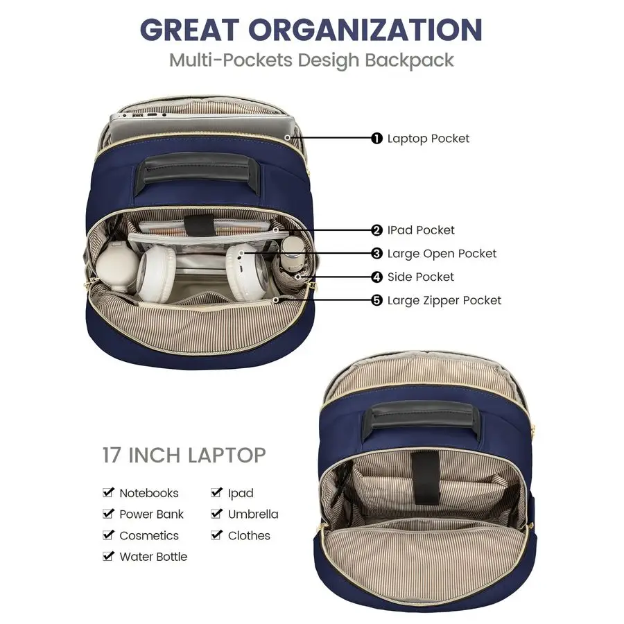Laptoprugzak voor dames, 17-inch reiscomputer werktassen met grote capaciteit, zakelijke verpleegstersrugzak portemonnee voor dames, rugzakken