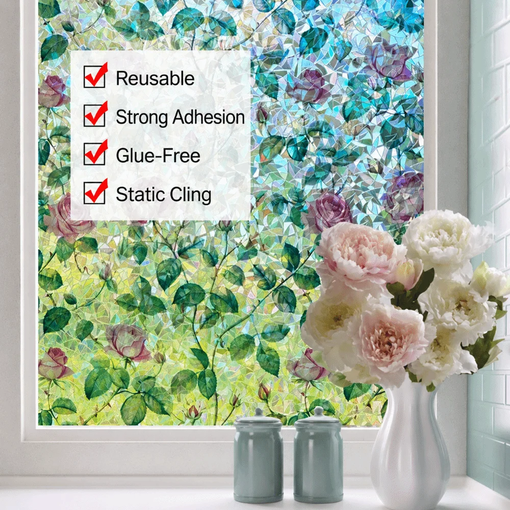 3D Pattern Window Privacy Film Static Cling Anti-Look Protection Frosted Glass Sticker Rose Floral Removable