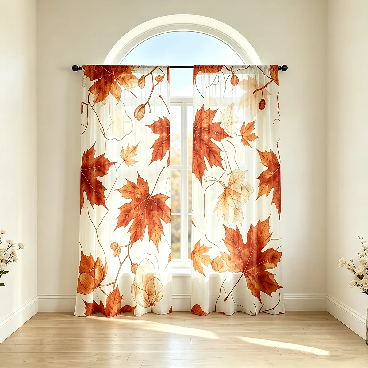 2PCS sheer curtains, maple magnolia watercolor prints, autumn decor, soft HD print for cozy Korean fall bedroom home decor