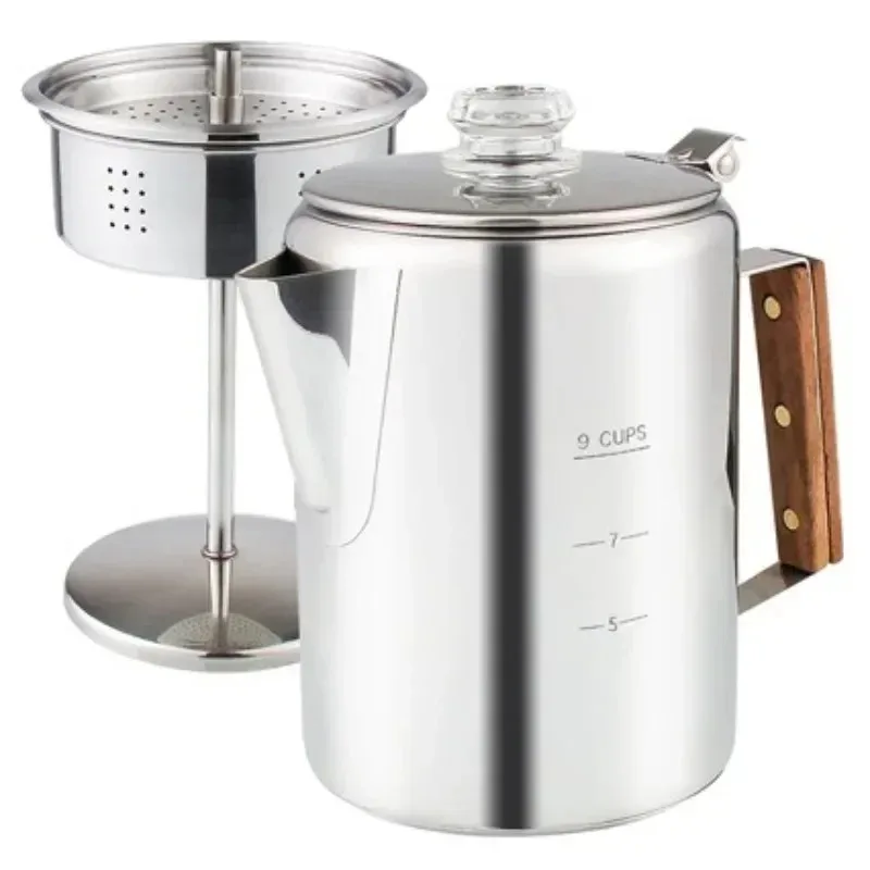 Stainless Steel Camping Coffee Percolator Wooden Handle Stovetop Portable Home Brewing Coffee Pot