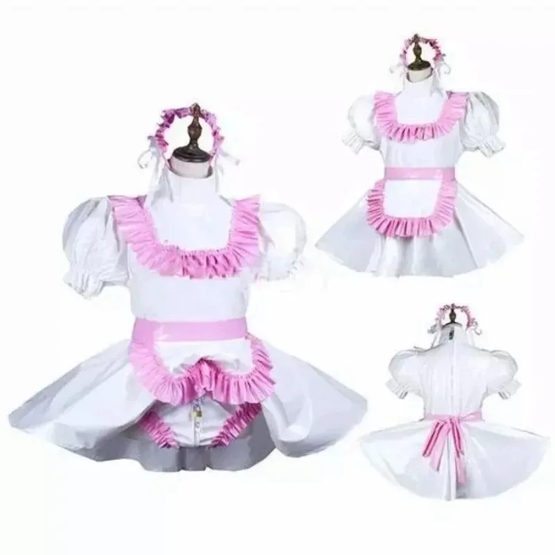 Sissy Girl weißes abschließbares PVC-Kleid, französische Dienstmädchen-Cosplay-Kostüme, maßgeschneidert
