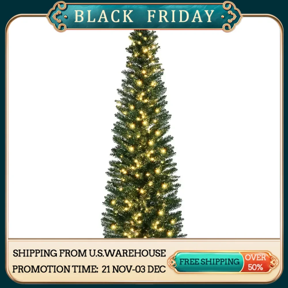 6' Tall Pre-Lit Slim Noble Fir Artificial Christmas Tree with Realistic Branches, 200 Warm White LED Lights and 390 Tips, Green