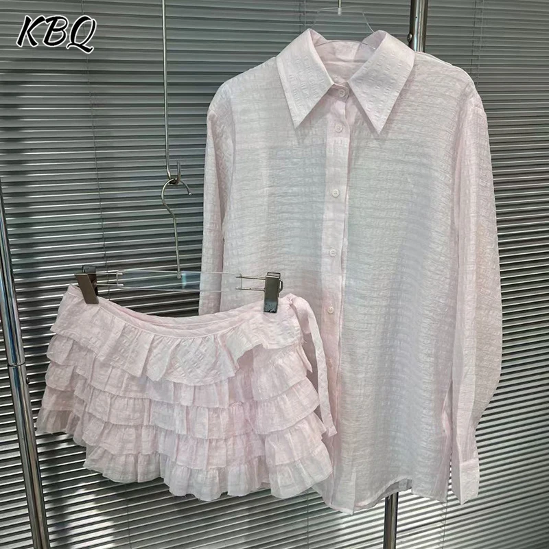 

KBQ Solid Sheer Two Piece Set for Women Lapel Long Sleeve Spliced Button Top High Waist Skirts Elegant Sets Female Fashion Style