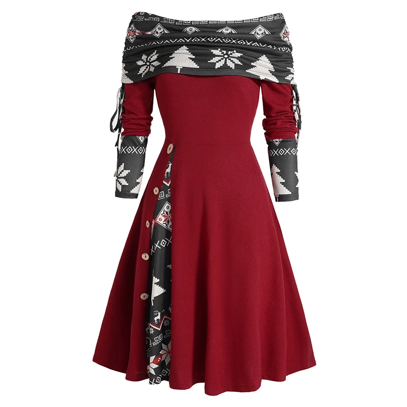 

Long Sleeve Colorblock Dress Christmas Dress Tree Snowflake Print Cinched Godet A Line Mini Robe For Women