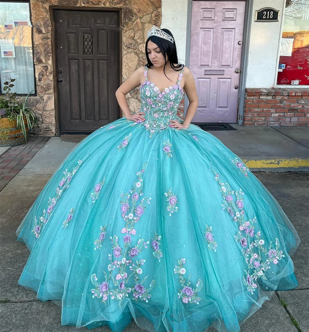 ANGELSBRIDEP Pink 3D Flowers Lack Blue Spaghetti Quinceanera Dresses Sweet 16 Dresses Ball Gown Princess Birthday Gowns Corset