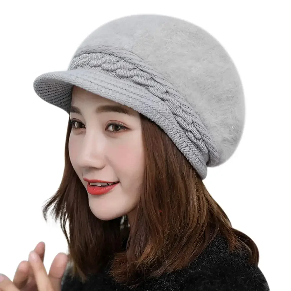 New Women Winter Beret Hats Thick Knitted Rabbit Fur Caps Wool Knitted Female Berets Warm Cap Skullies Cabbie Beanies Hats