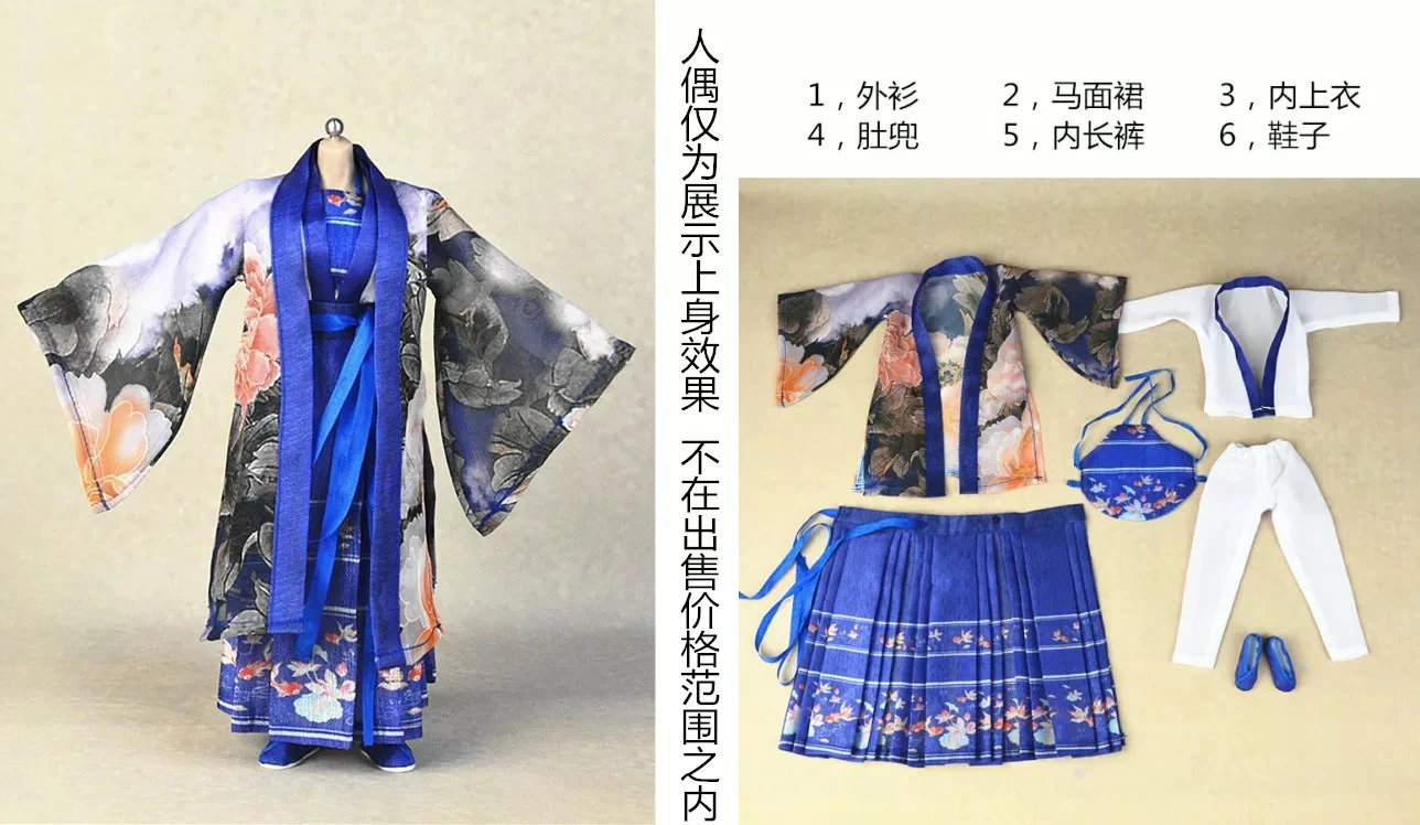 Maßstab 1:6, Tang-Dynastie, chinesischer Stil, Hanfu-Kostüm mit weiten Ärmeln, Pferdegesichtsrock-Set, passend für 12-Zoll-BJD-Actionfiguren-Körper – Detail 33