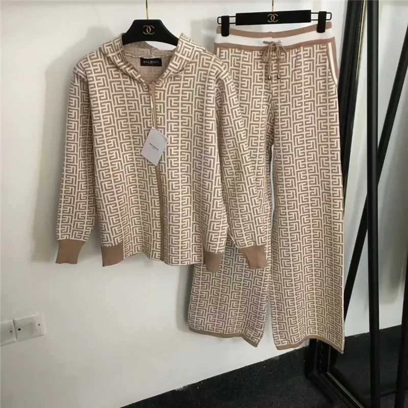 Autumn Winter Knitting Trouser-Suit Women 2024 New Fashion Loose Casual Suit Hooded Tops Coat Cardigan Wide-Leg Pants Female