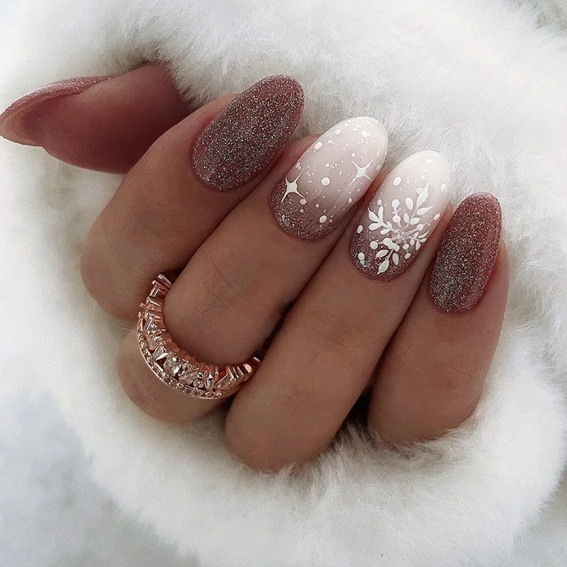 

24Pcs Christmas Press-On Nails - Sparkling Burgundy Ombré with Snowflake & Stars Long Almond Shape Festive False Nail For Women