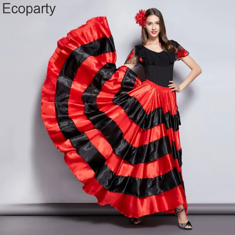 Women Gypsy Girls Cosplay Skirts Spanish Flamenco Dance Red Striped Skirt Satin Silk Big Swing Team Dancing Performance Costume