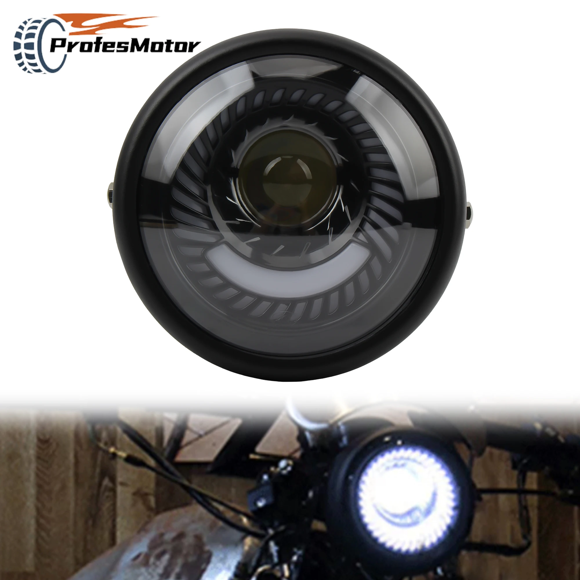 

Universal Motorcycle Led Front Headlight 6.5inch Round Vintage Angel Eyes DRL Driving Lamp For Harley Cafe Racer Bobber Custom