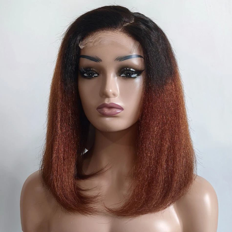 

Kinky Straight Human Hair Glueless Wig Wear Go 4C Ombre Brown Afro Yaki Straight Hair HD Lace Wig for Black Women 200% Density