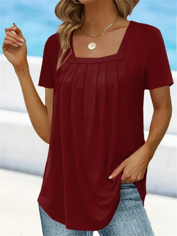 Plus Size Solid Color Pleated Square Neck Women's T-shirts Loose Short Sleeve Ruffled Lady Tee Basic Elegant Sexy Commuter Tops
