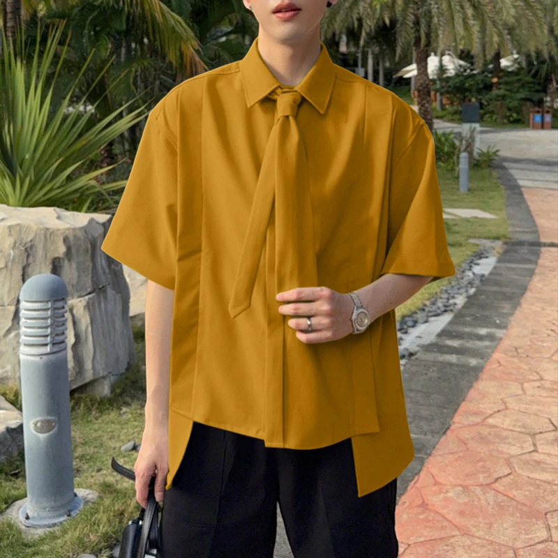 INCERUN Men Irregular Shirt Solid Lapel Short Sleeve Loose Men Clothing With Tie Streetwear 2025 Korean Style Fashion Shirts Men