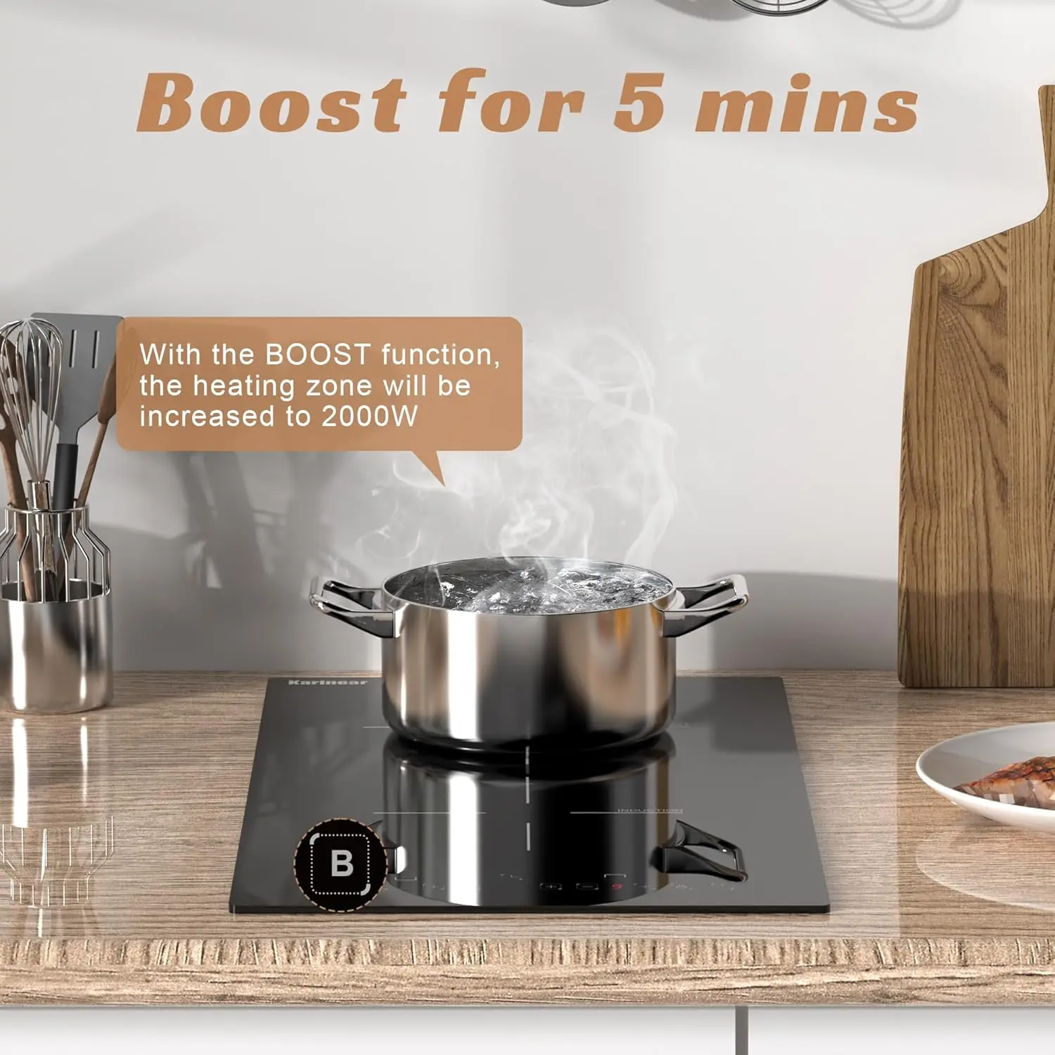 موقد كارينير التعريفي 29 سم 2 شعلة قطرة في موقد كهربائي، زجاج سيراميك أسود مع معزز، مؤقت، وظيفة قفل الأمان، 230 فولت