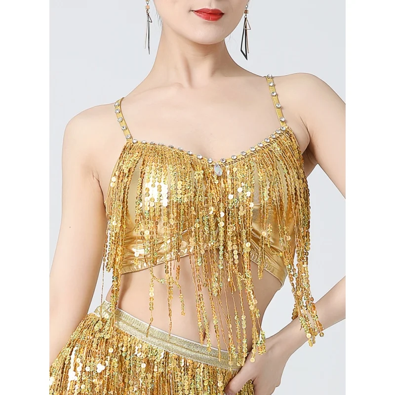 Top corto con lentejuelas y borlas para mujer, traje Sexy brillante para fiesta Rave, cuello en V, espalda cruzada, sujetador acolchado, trajes de actuación de danza del vientre