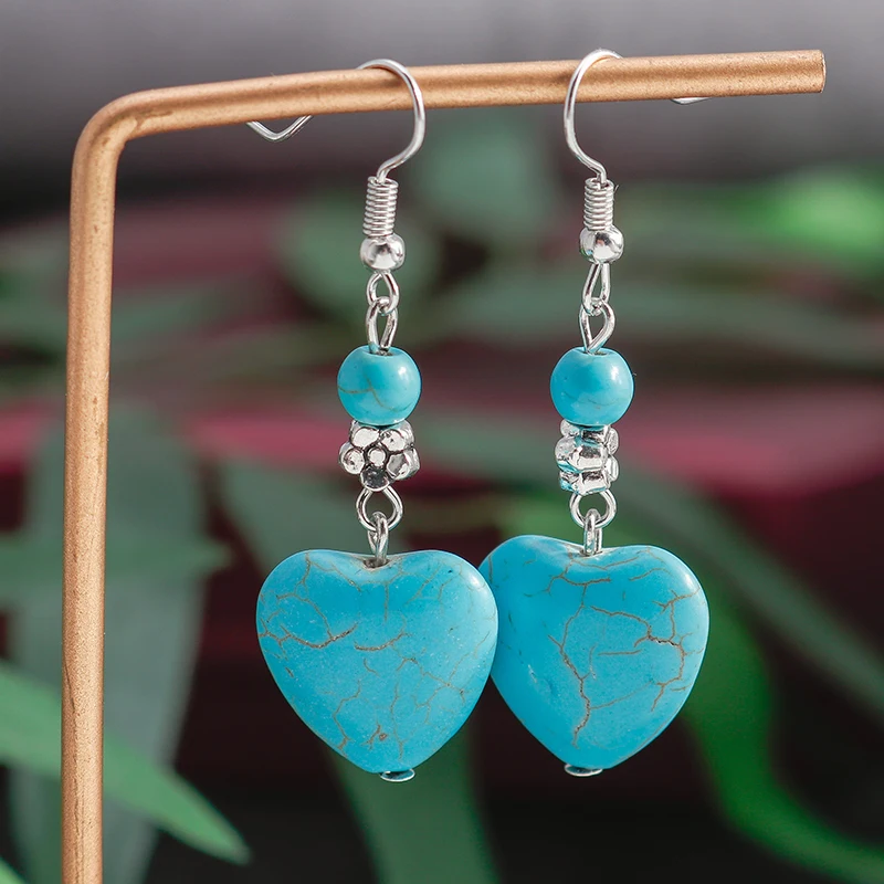 Ethnische Türkis Liebe Herz Tropfen Ohrringe für Frauen Böhmische Naturstein Baumeln Ohrringe Mädchen Party Geburtstag Schmuck Geschenke – Detail 3