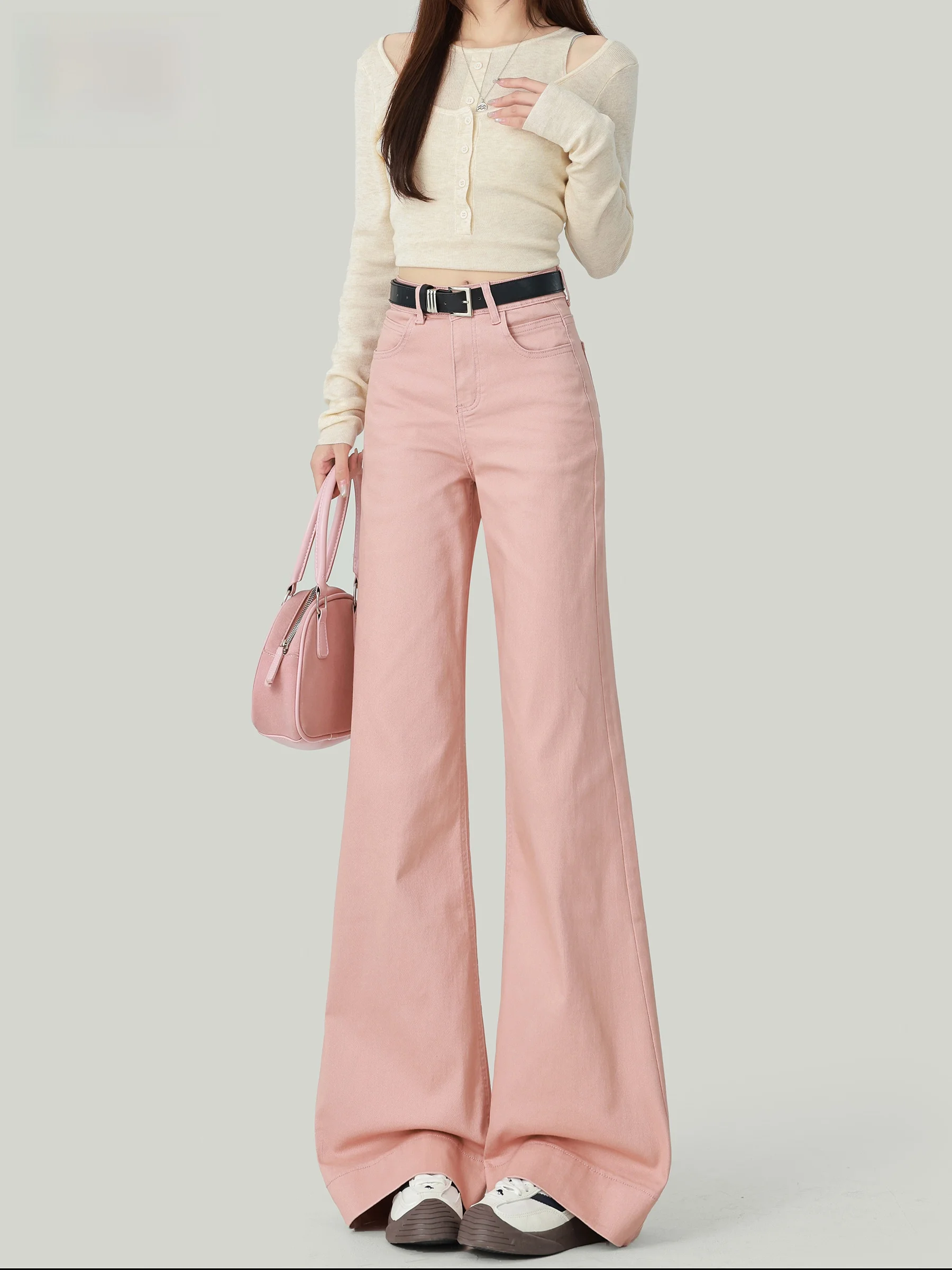 

Pink American High Waist Wide Leg Jeans Women's Loose Fit Casual Style Button Closure Denim Pants Floor Length Trousers