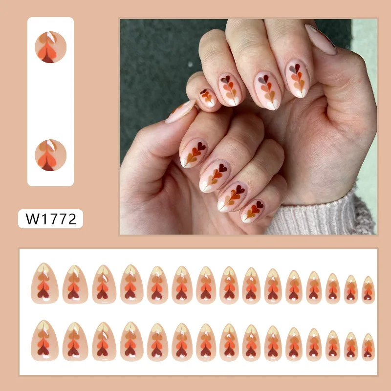 24pcs Autumn Day Fake Nail Tips Short Almond Four Color Love Heart Designs Press On Nails Ins Simple Wearable Manicure Art