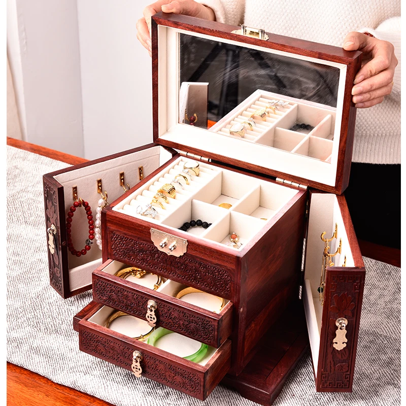 Solid Wood Jewelry Box Storage Velvet Drawer Jewelry Boxes Organizer Ring Necklace Bracelet Earrings Display Stand Accessories