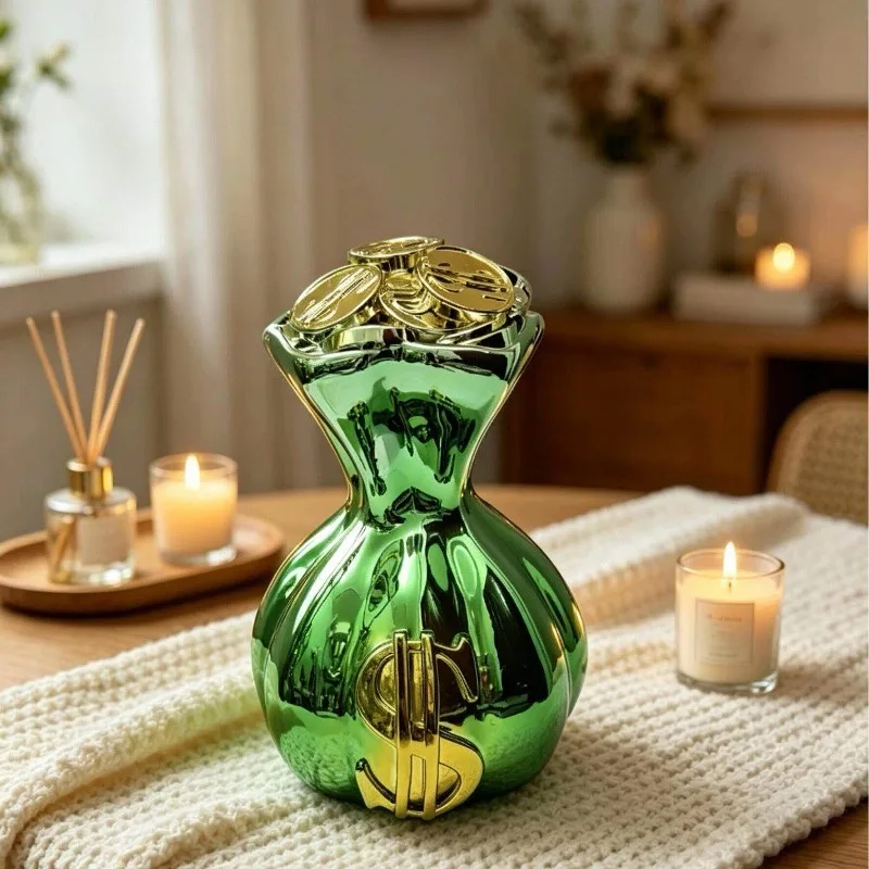 pp-Green Electroplated Resin Bag Statue Gold US Dollar Sign Wealth Feng Shui Mini Figurine Tabletop Home Decor Craft Ornament