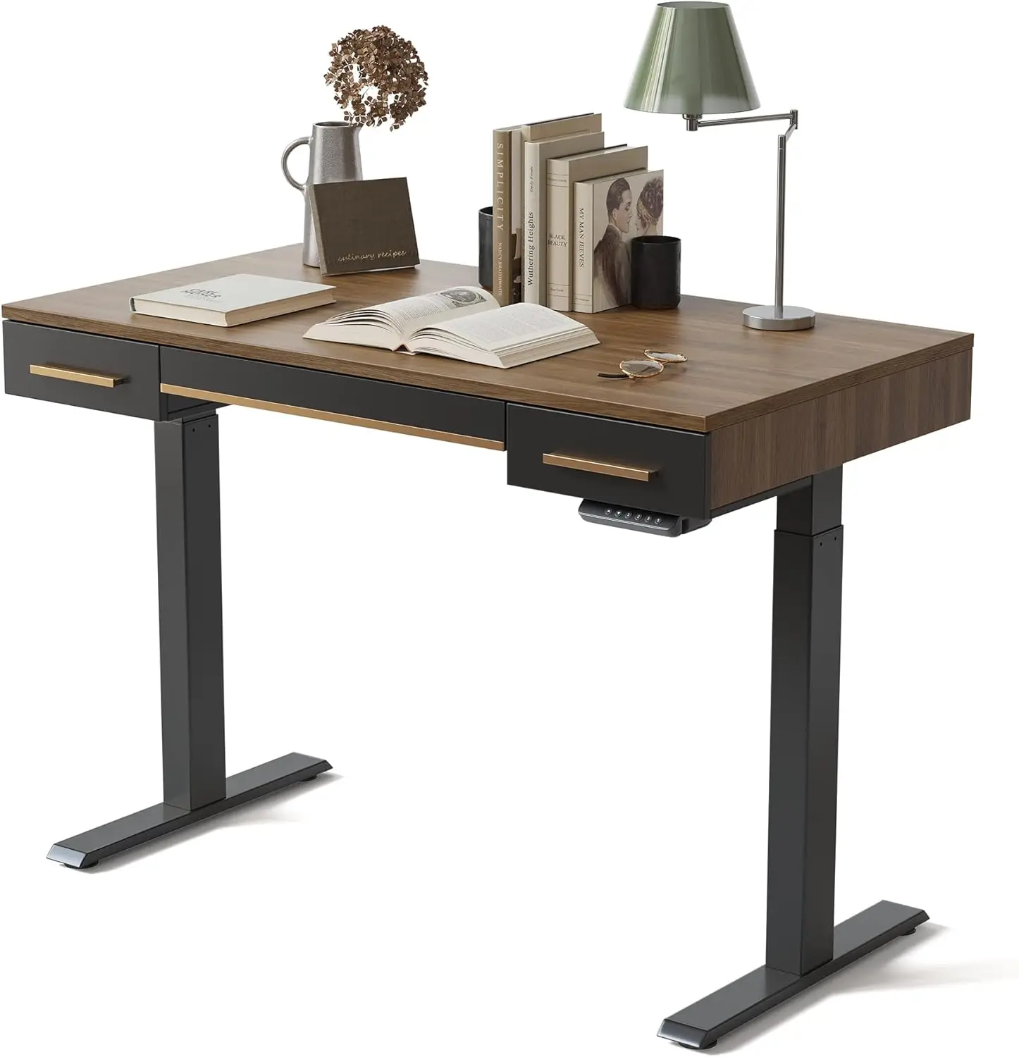 

Mid Century Modern Electric Standing Desk with 3 Drawers, 48 x 26 Inches Whole Piece Sit Stand Up Home Office Desk, Black Walnut