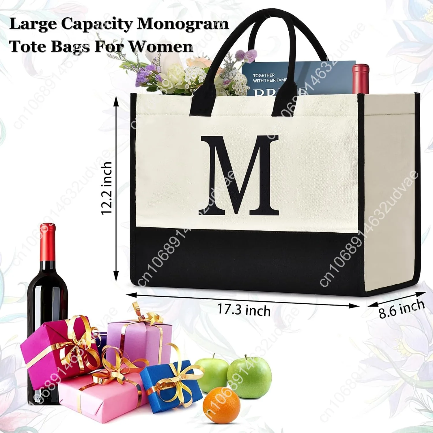 Initial Canvas Tote Bag Birthdays Gift for Women Mom Teacher Friend Bridesmaid,Custom for Wedding Beach Holidays