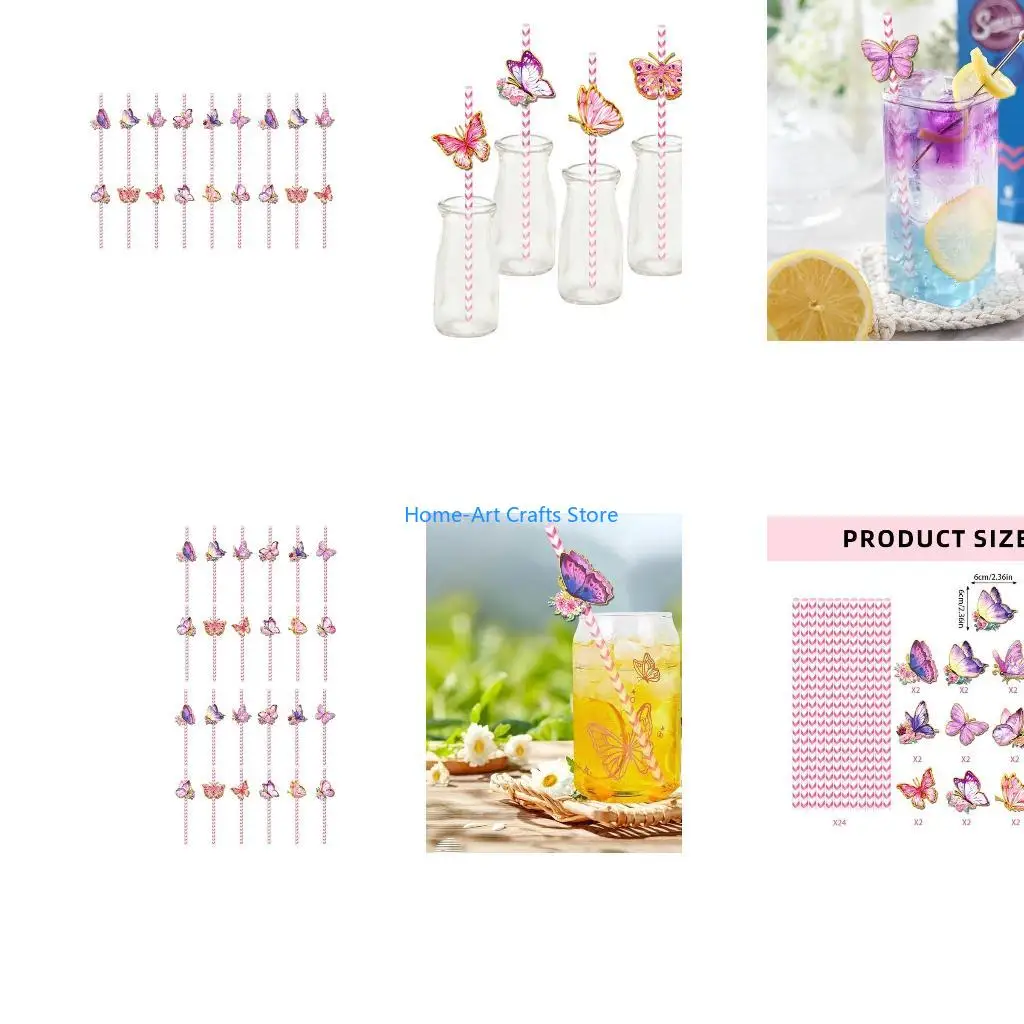Y3NA Pack Of 24 Butterfly Theme Disposable Paper Straw Biodegradable Drinking Straw for Parties and Event Drink Accessories