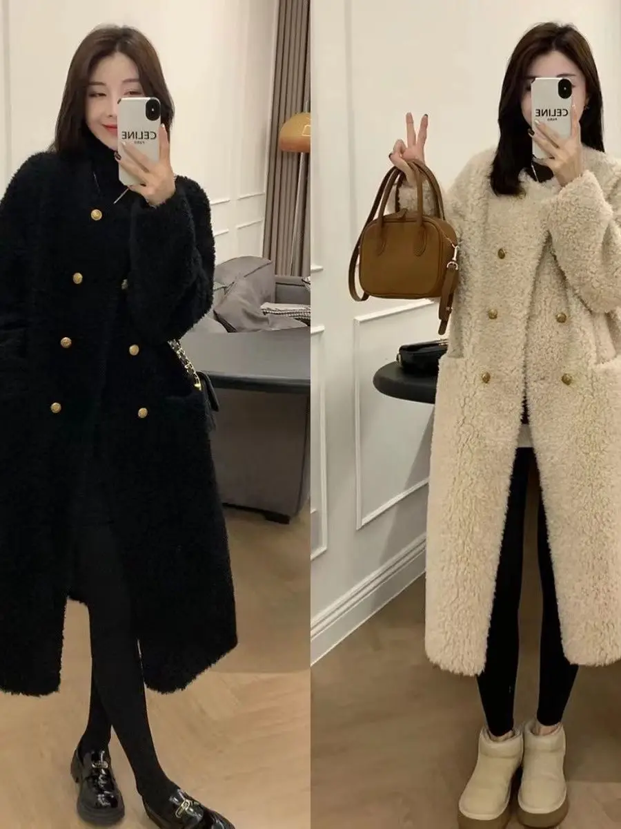 

Retro Sle Long eepskin Coat Women's Warm Outerwear Loose Fit Versatile Mid-Length Autumn Winter Faion Ladies' Jaet