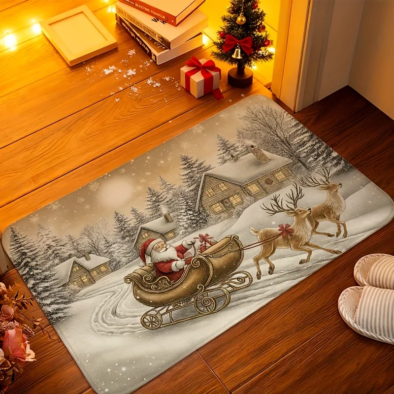 Santa Sleigh Reindeer graphics welcome rug,bedroom,kitchen,porch,entryway Mat,Entry Door Rug NonSlip decor Christmas Present