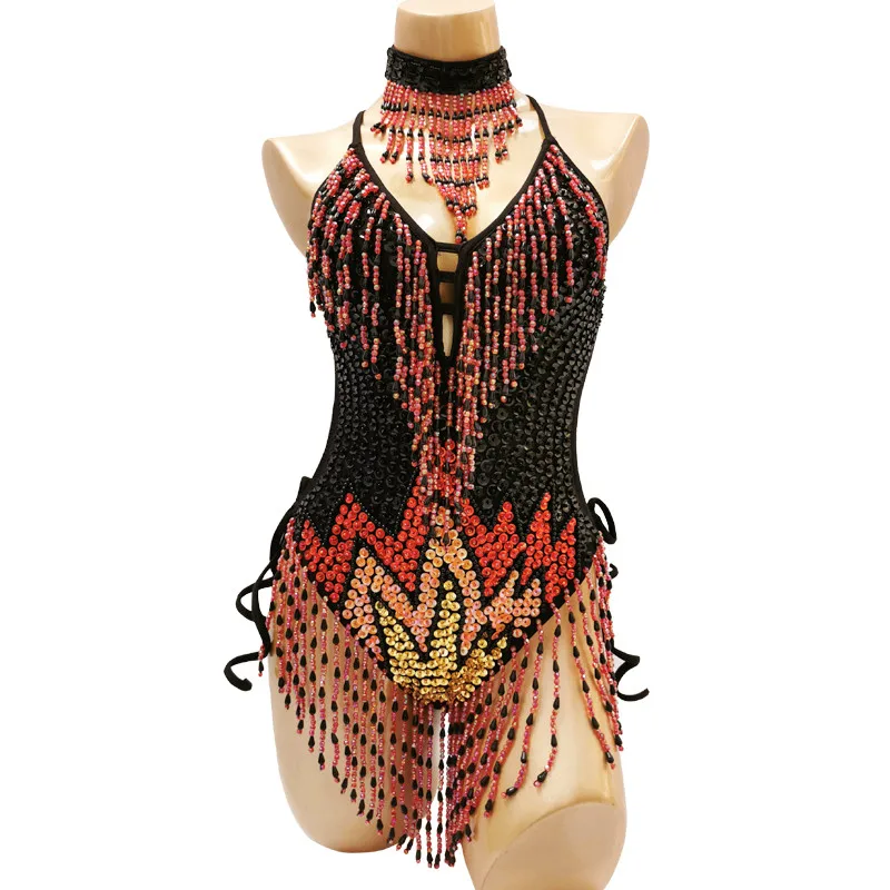 Shiny Costume For Women long tassles leotard One-Piece Bodysuit Sexy Clubwear Party Outfit Stage costumes