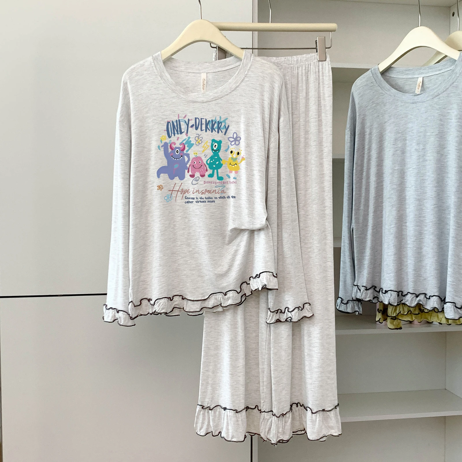 

5174-298 Modal Cotton Round Neck Long-Sleeved Long Pants Pajamas for Women Spring and Autumn Thin Loose Soft Comfortable Homewear