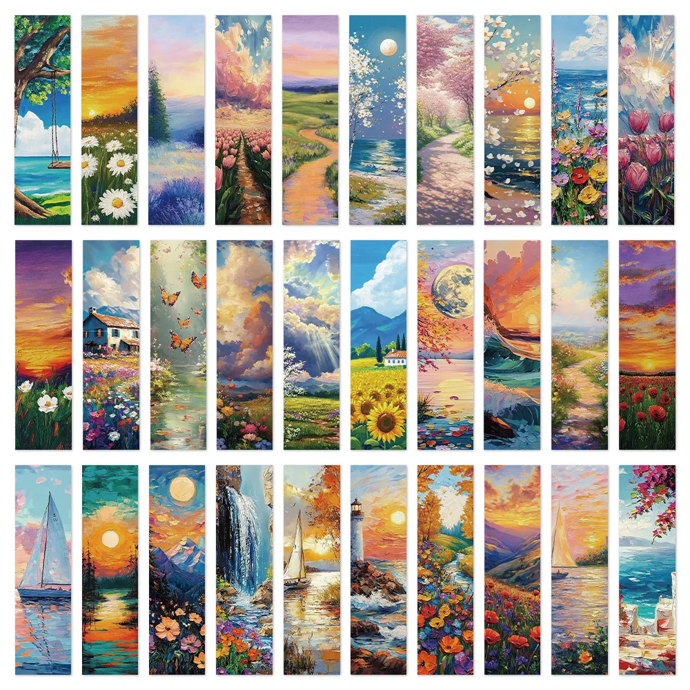 30Pcs Beautiful Romantic Sunset Flowers Grassland Oil Painting Style Art Bookmarks Paper Book Marking Page Number Card Bookmark