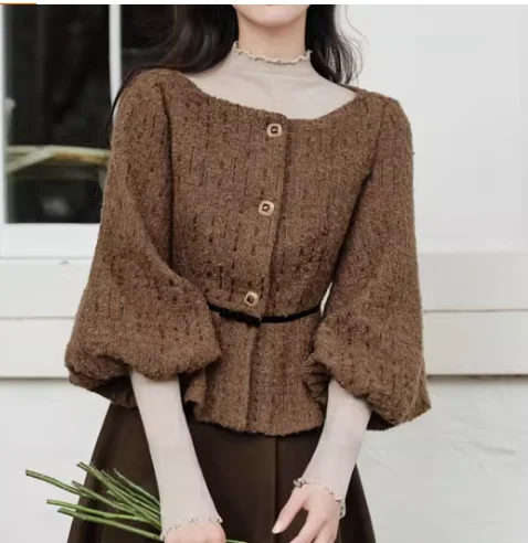 Mantel Wol Pendek Musim Gugur Musim Dingin, Sweater Kerah Setengah Tinggi Lengan Panjang, Rok A-line Retro Berpinggang Tinggi